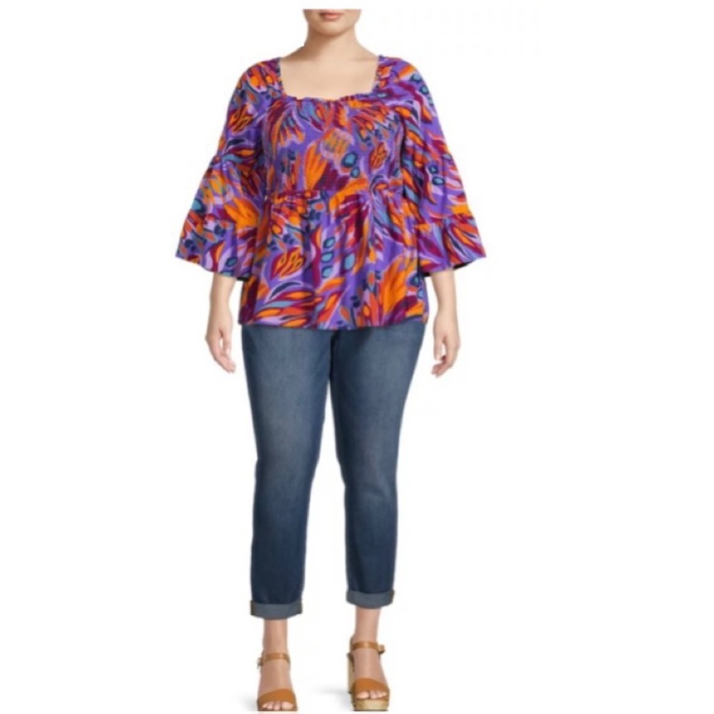 🧋 TERRA & SKY Abstract Butterfly Island Purple Print Smock Top NWT 4X - Picture 2 of 15